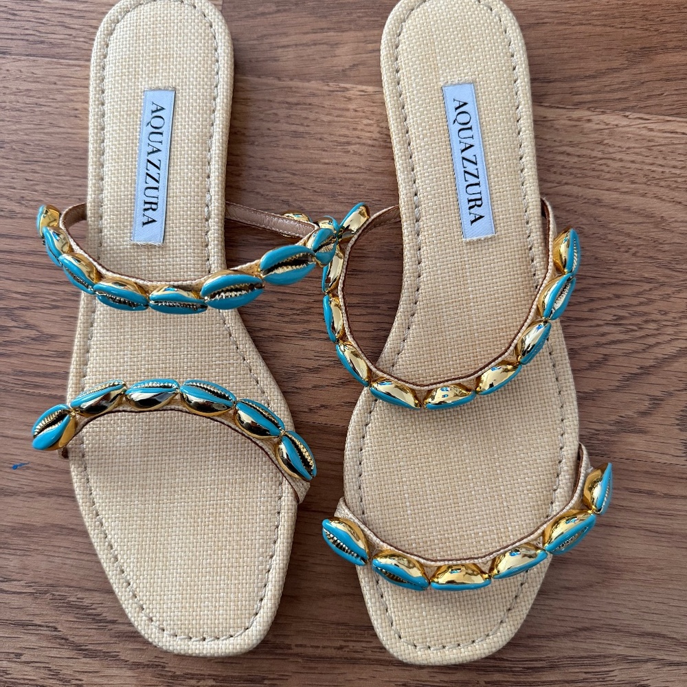 AQUAZZURA Off To Bali Raffia Sandal In Brown 37.5/7, new